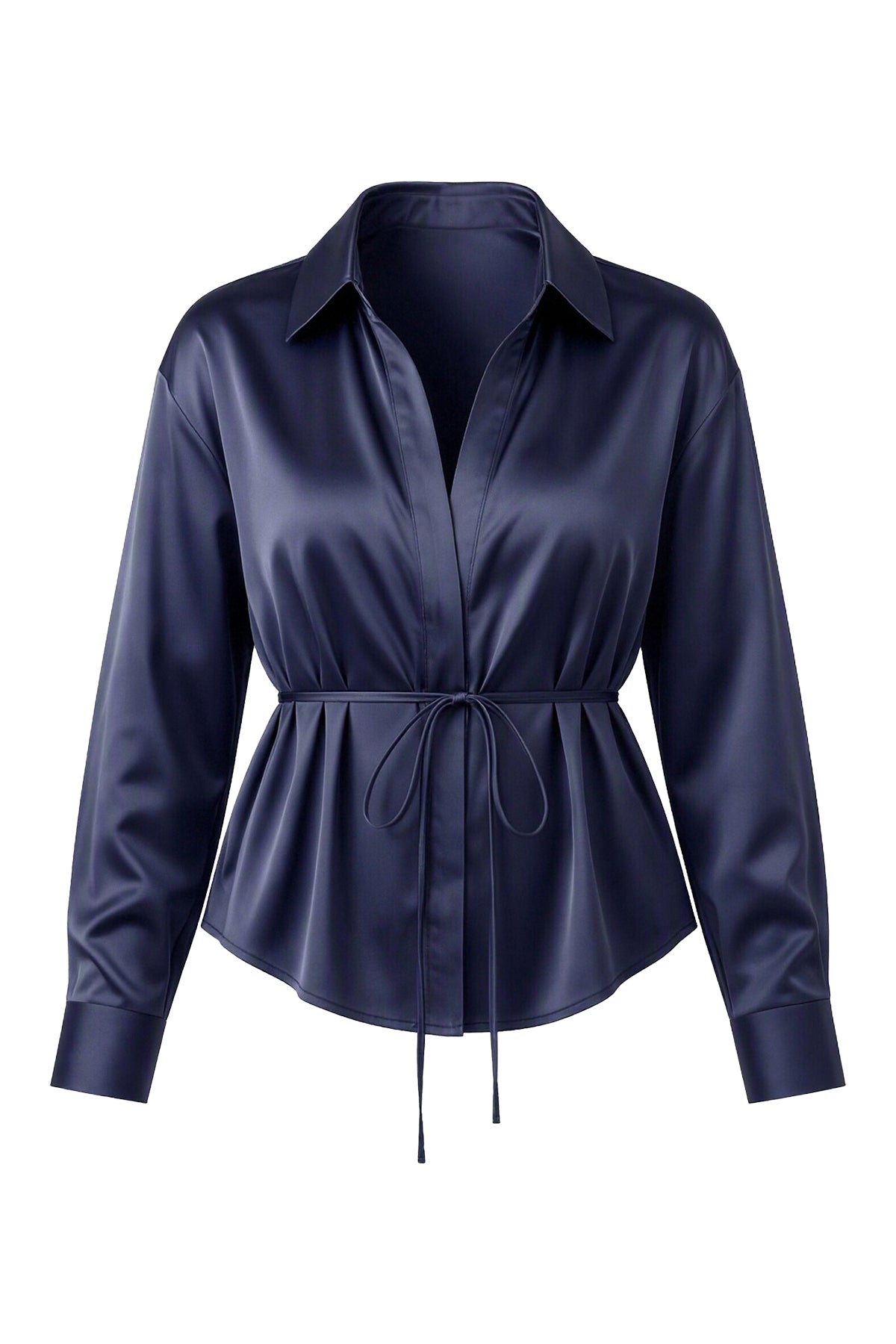Womens Navy Satin Button Down Shirts | CicyBell