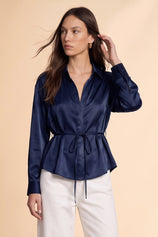 Womens Navy Satin Button Down Shirts | CicyBell