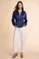 Womens Navy Satin Button Down Shirts | CicyBell