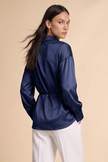 Womens Navy Satin Button Down Shirts | CicyBell