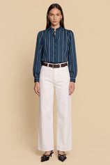 Womens Navy Striped Button Down Shirts | CicyBell