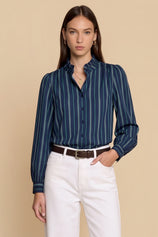 Womens Navy Striped Button Down Shirts | CicyBell