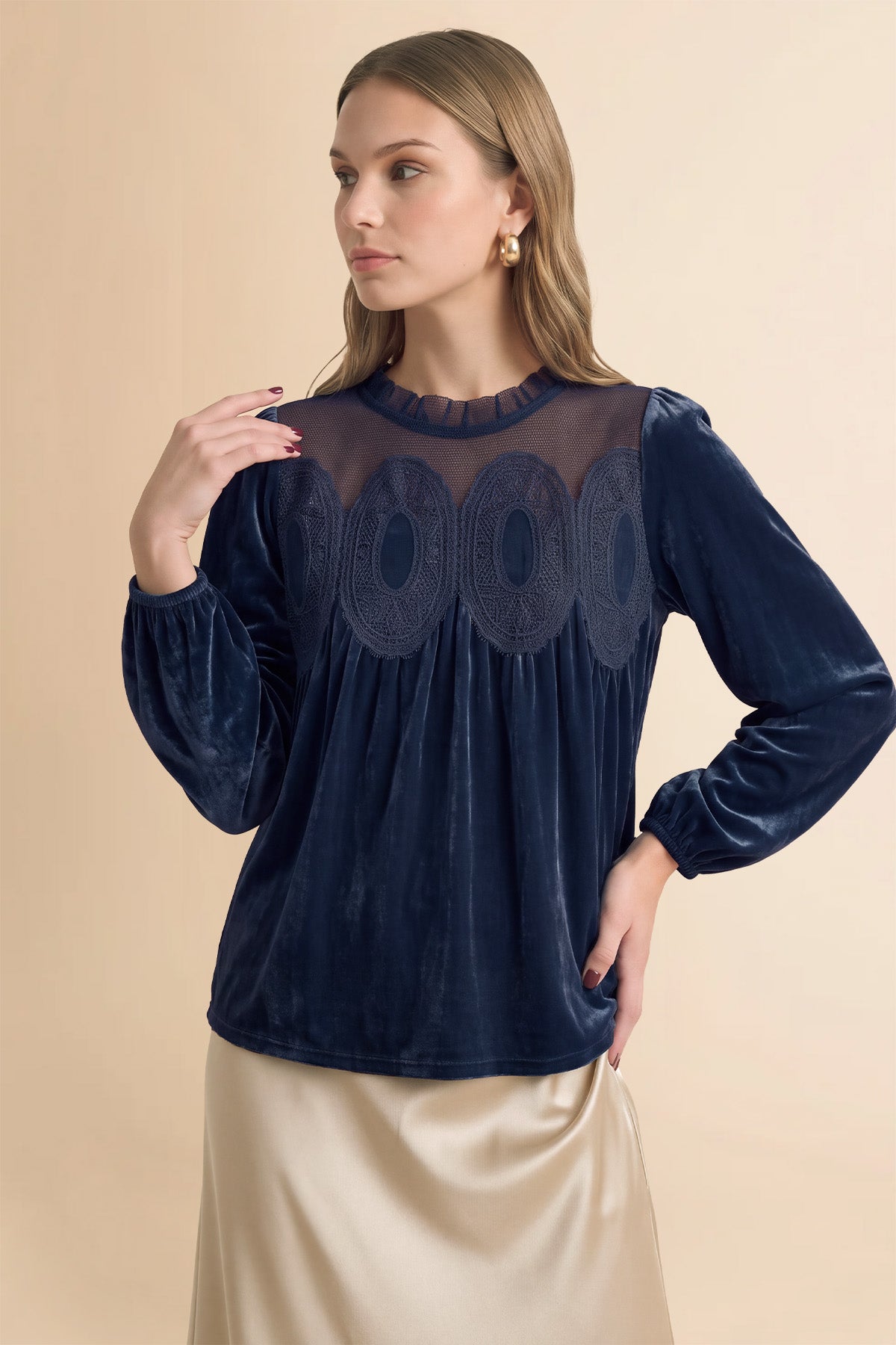 Womens Navy Velvet Babydoll Tops | CicyBell