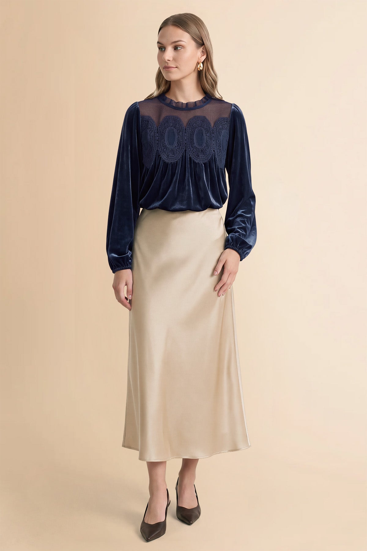 Womens Navy Velvet Babydoll Tops | CicyBell