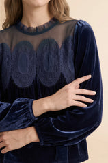 Womens Navy Velvet Babydoll Tops | CicyBell