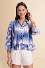 Cicy Bell Womens Navy Ruffle Striped Shirts