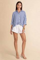Cicy Bell Womens Navy Ruffle Striped Shirts