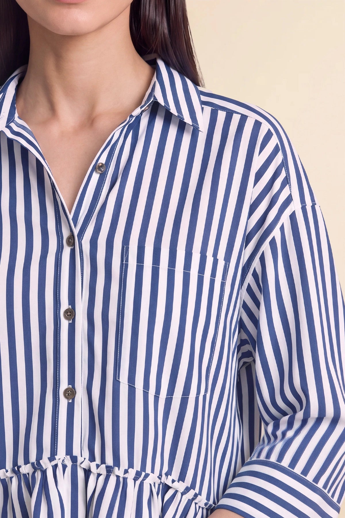 Cicy Bell Womens Navy Ruffle Striped Shirts