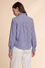 Womens Navy Plaid Ruffle V-Neck Shirts | CicyBell