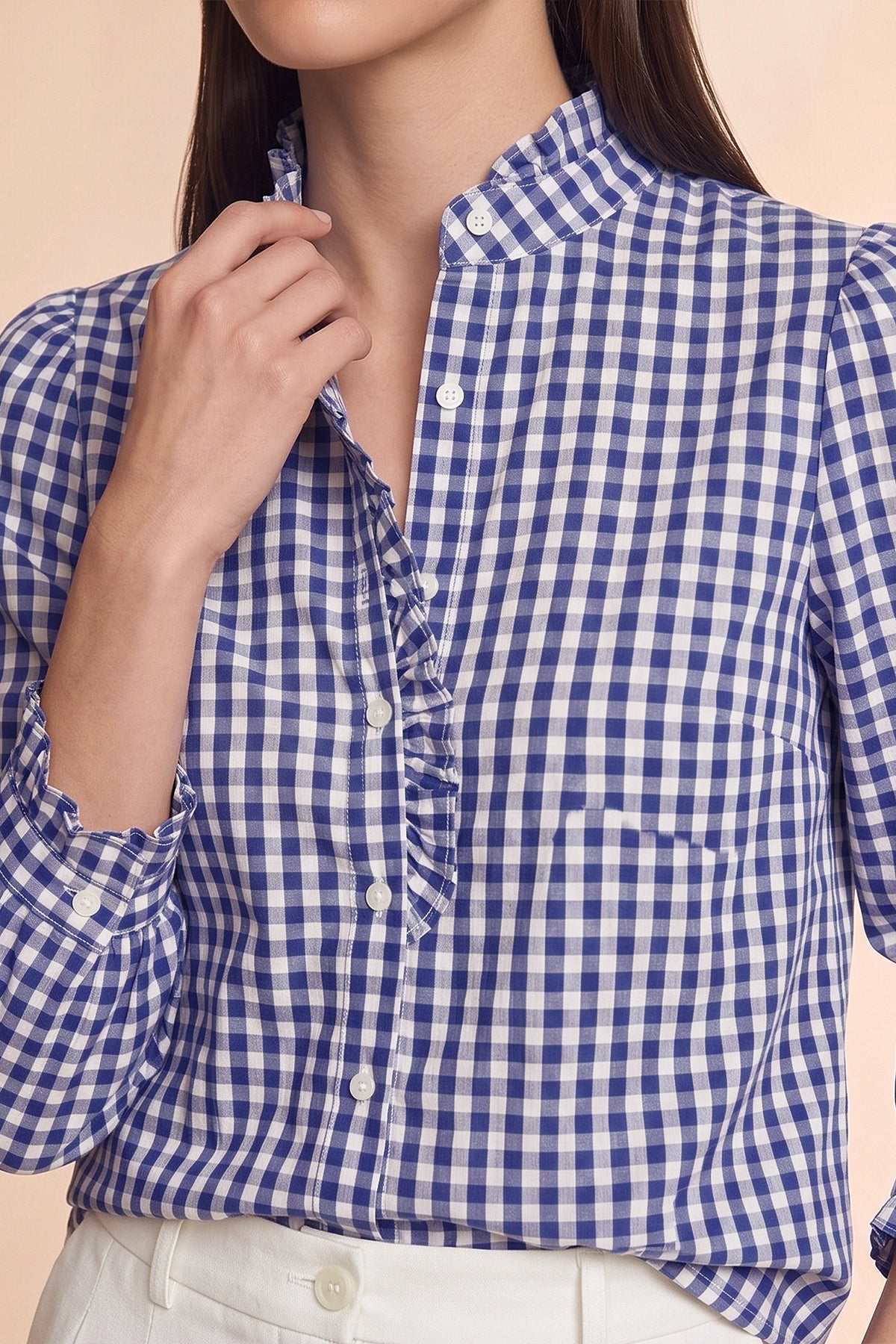 Womens Navy Plaid Ruffle V-Neck Shirts | CicyBell
