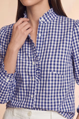 Womens Navy Plaid Ruffle V-Neck Shirts | CicyBell