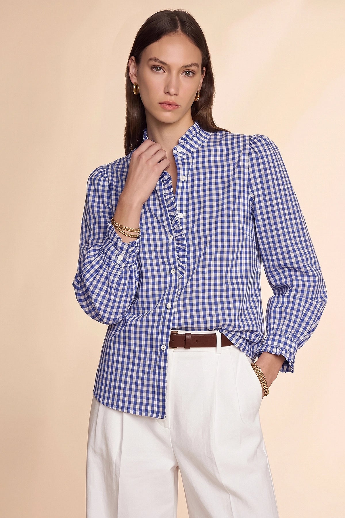 Womens Navy Plaid Ruffle V-Neck Shirts | CicyBell
