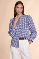 Womens Navy Plaid Ruffle V-Neck Shirts | CicyBell