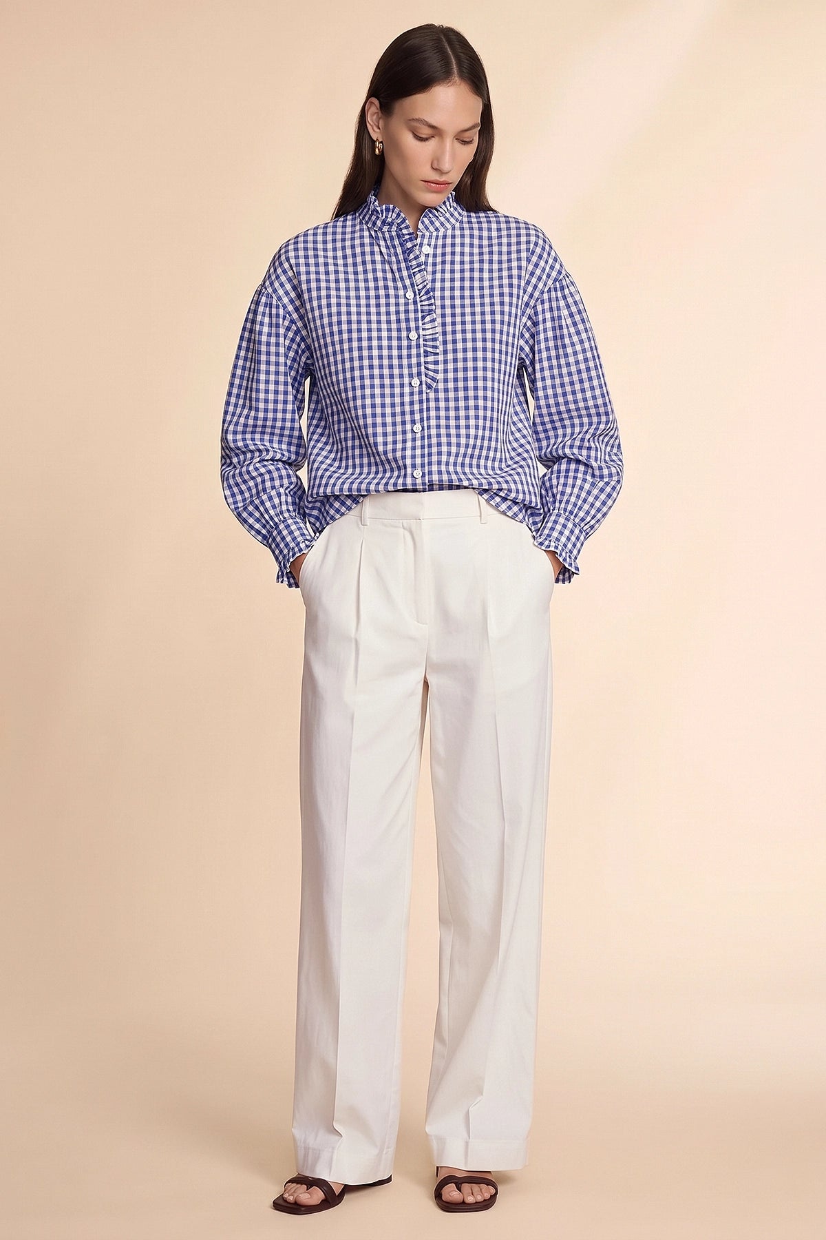 Womens Navy Plaid Ruffle V-Neck Shirts | CicyBell