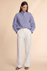 Womens Navy Plaid Ruffle V-Neck Shirts | CicyBell