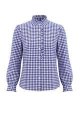 Womens Navy Plaid Ruffle V-Neck Shirts | CicyBell
