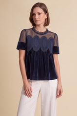 Womens Navy Velvet Lace Tops | CicyBell