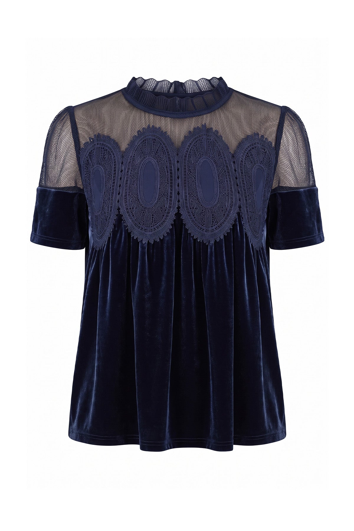 Womens Navy Velvet Lace Tops | CicyBell
