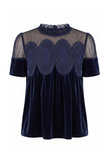 Womens Navy Velvet Lace Tops | CicyBell