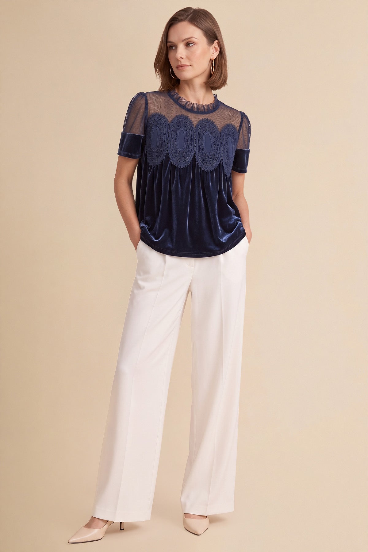 Womens Navy Velvet Lace Tops | CicyBell