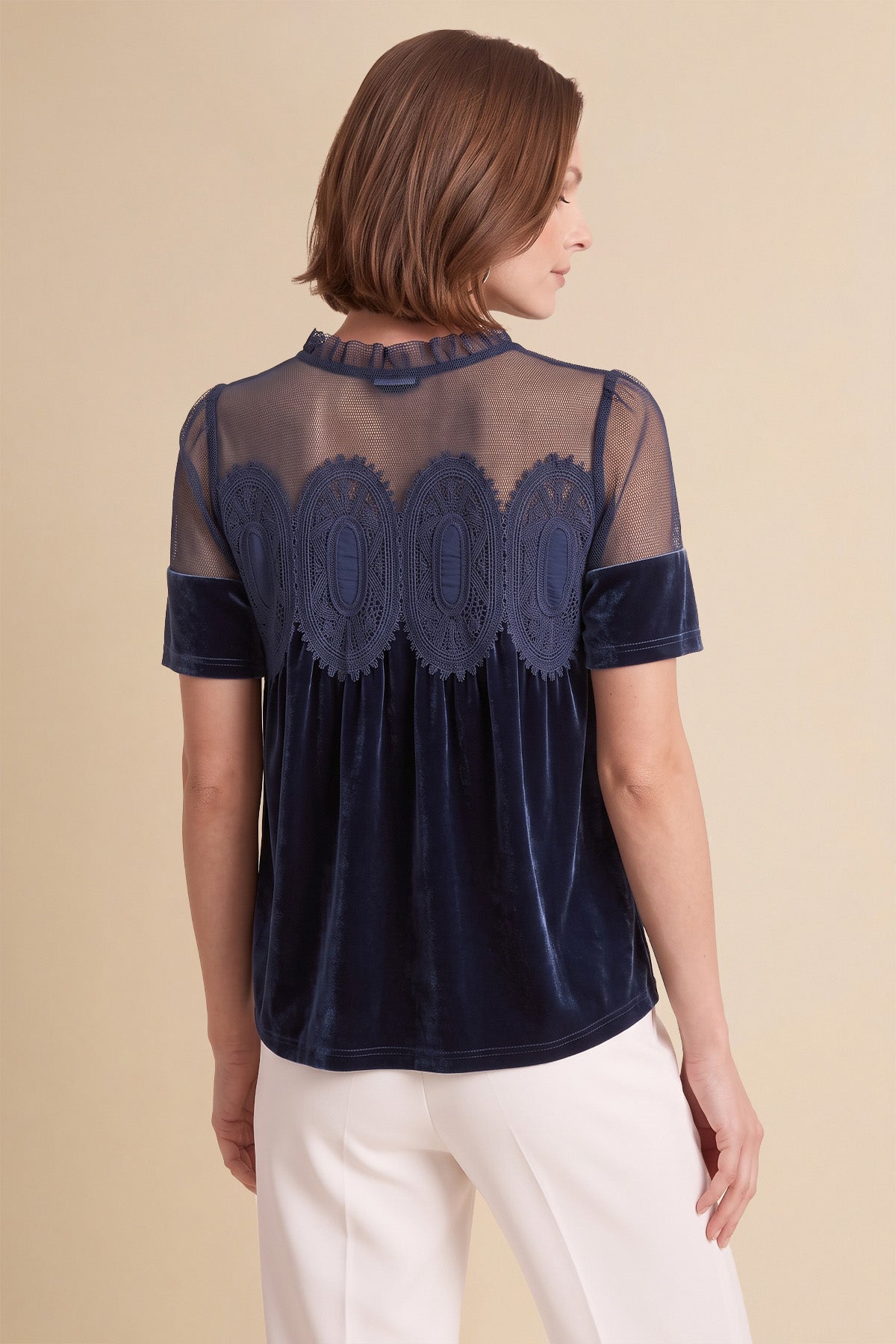Womens Navy Velvet Lace Tops | CicyBell