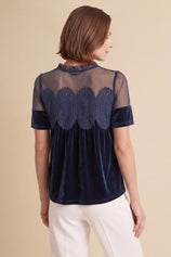 Womens Navy Velvet Lace Tops | CicyBell
