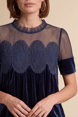 Womens Navy Velvet Lace Tops | CicyBell