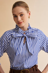 Womens Navy Striped Bow Tie Shirts | CicyBell