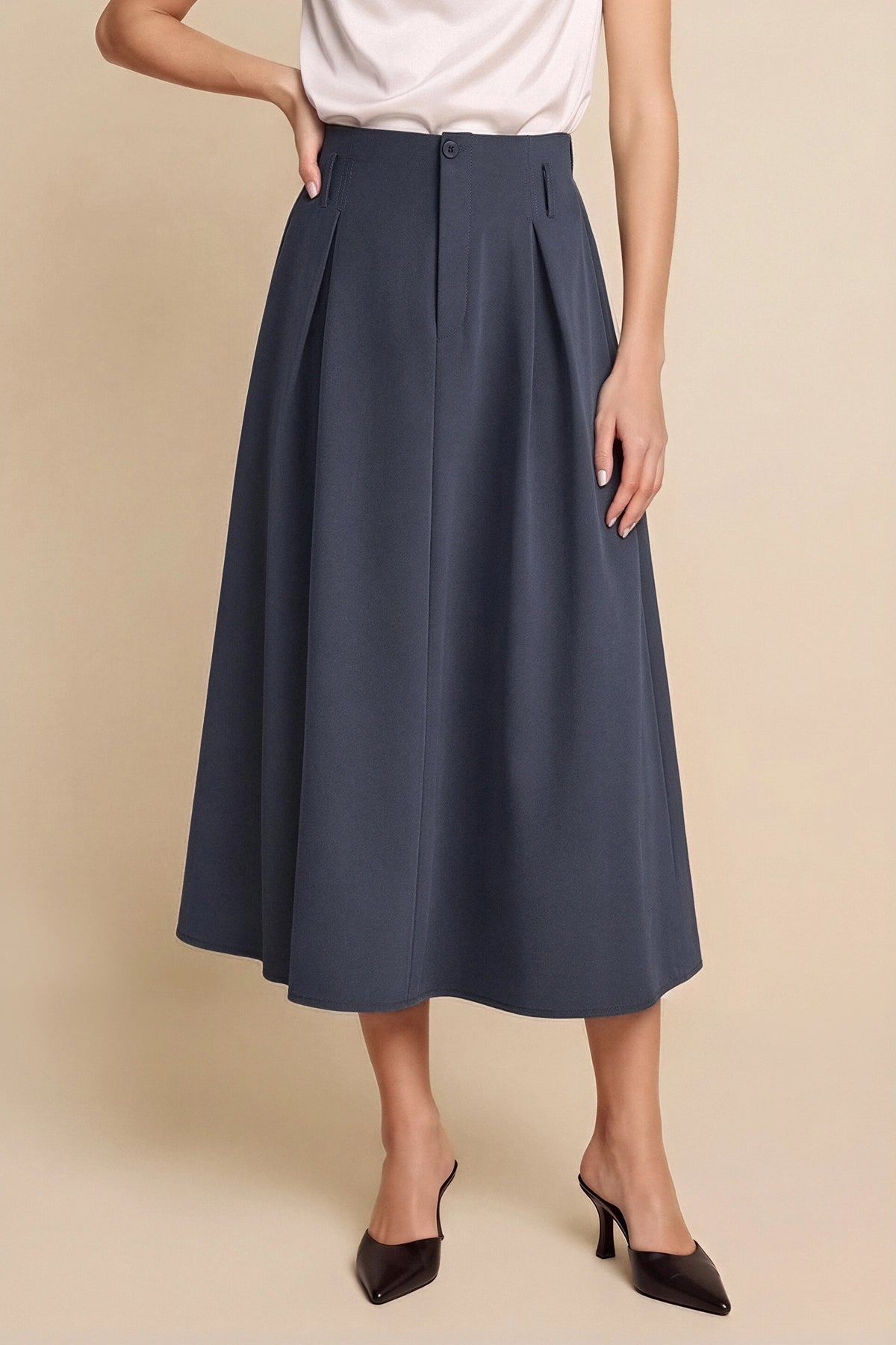 Women Navy Pleated Midi Skirt | CicyBell