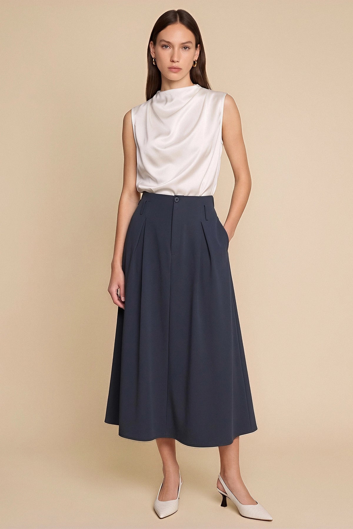 Women Navy Pleated Midi Skirt | CicyBell