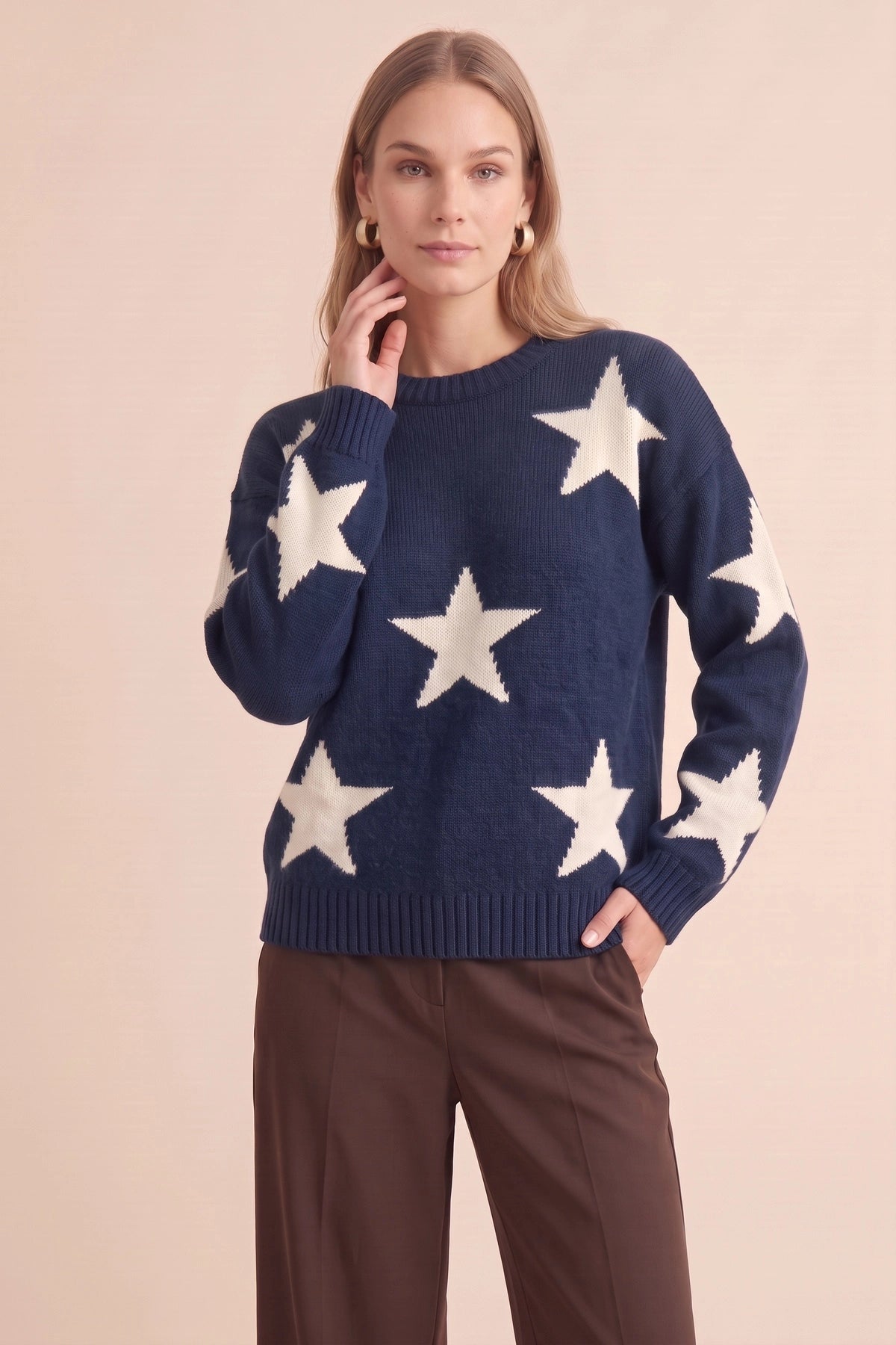 Womens Navy Star Pattern Pullover Sweater | CicyBell