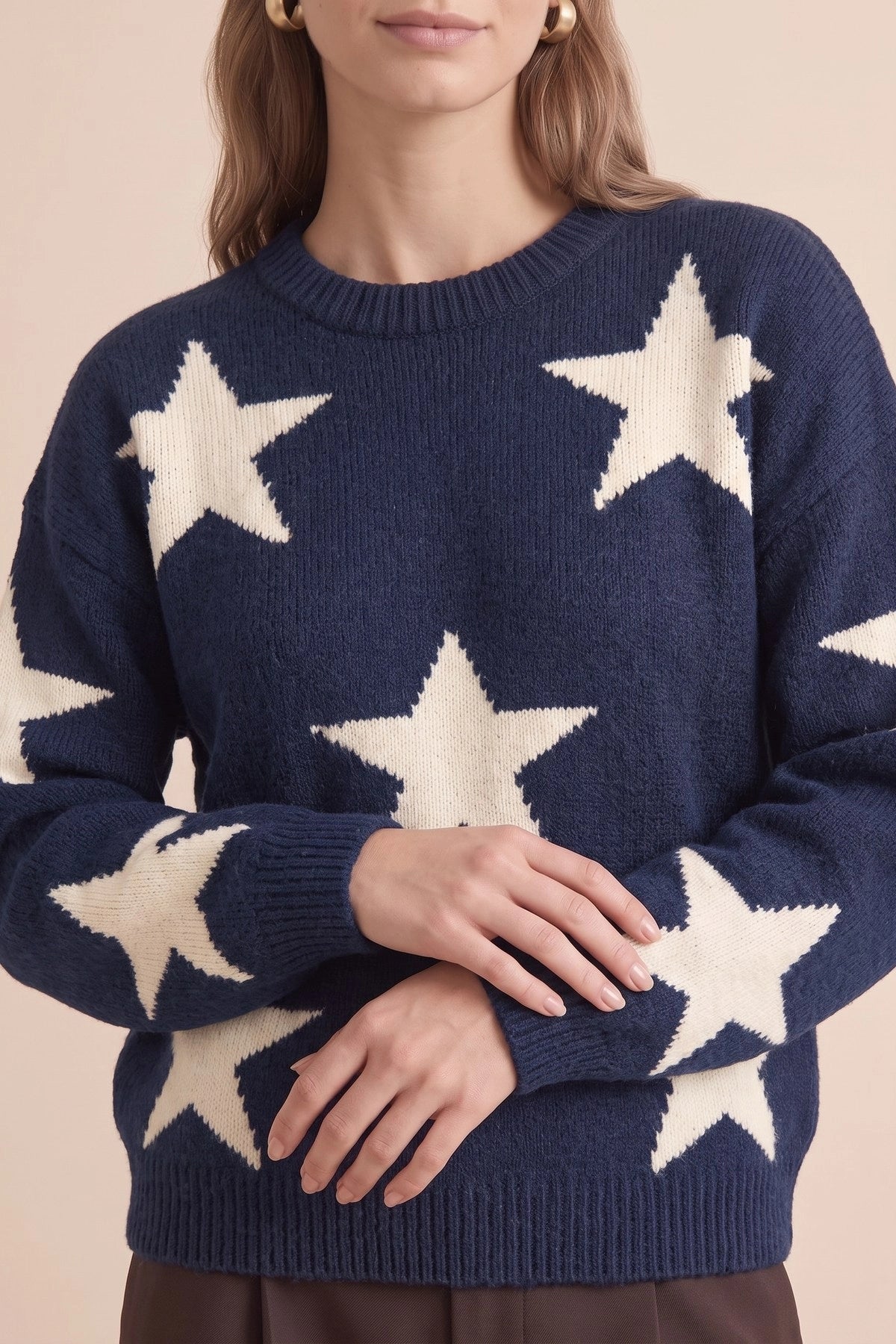 Womens Navy Star Pattern Pullover Sweater | CicyBell