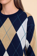 Womens Navy Crew Neck Argyle Sweater | CicyBell