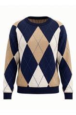 Womens Navy Crew Neck Argyle Sweater | CicyBell
