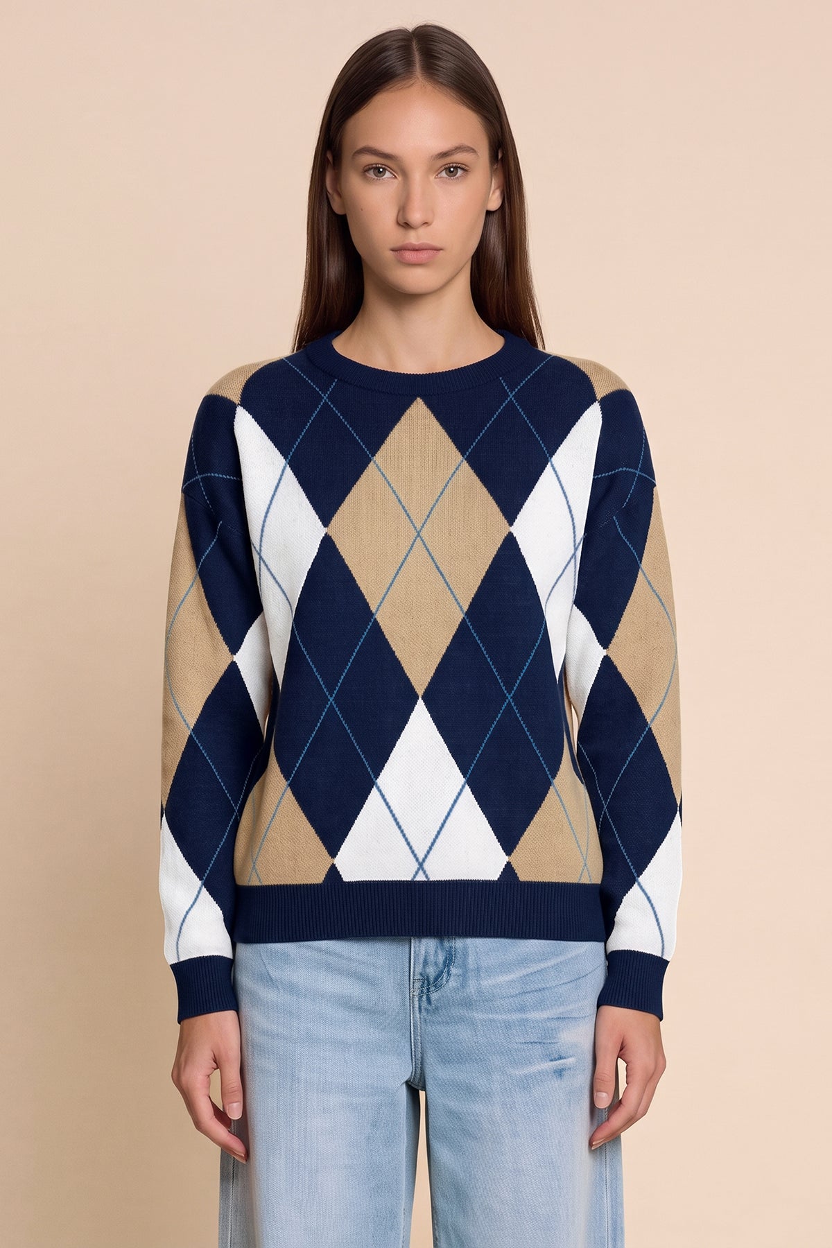 Womens Navy Crew Neck Argyle Sweater | CicyBell