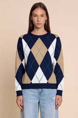 Womens Navy Crew Neck Argyle Sweater | CicyBell