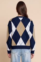 Womens Navy Crew Neck Argyle Sweater | CicyBell