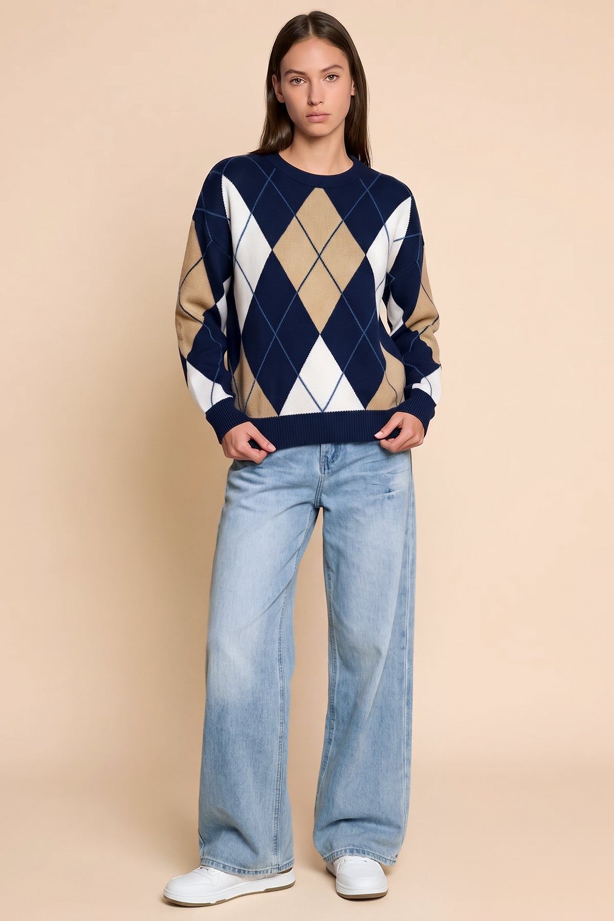 Womens Navy Crew Neck Argyle Sweater | CicyBell