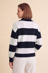 Women Navy Striped Color Block Cardigan | CicyBell