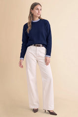 Womens Navy Ruffle Long Sleeve Sweater| CicyBell