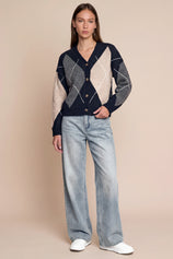 Women Navy Plaid Color Block Cardigan | CicyBell