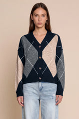 Women Navy Plaid Color Block Cardigan | CicyBell