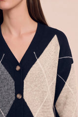 Women Navy Plaid Color Block Cardigan | CicyBell