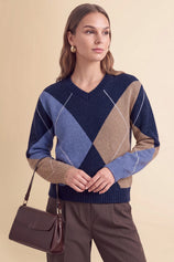 Womens Navy V Neck Argyle Sweaters | CicyBell