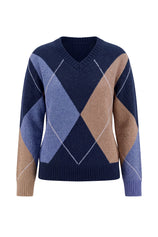 Womens Navy V Neck Argyle Sweaters | CicyBell