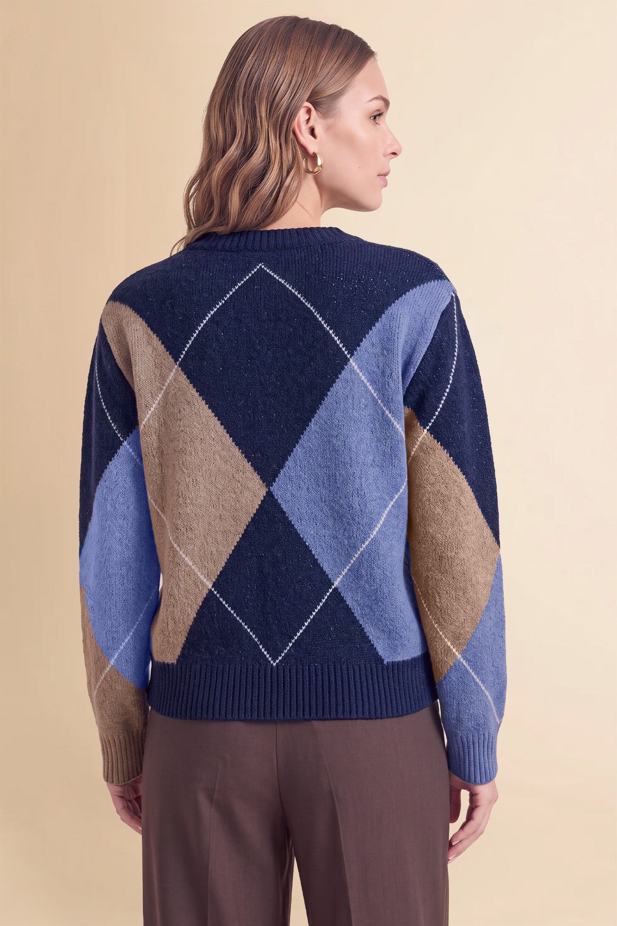 Womens Navy V Neck Argyle Sweaters | CicyBell