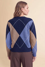 Womens Navy V Neck Argyle Sweaters | CicyBell