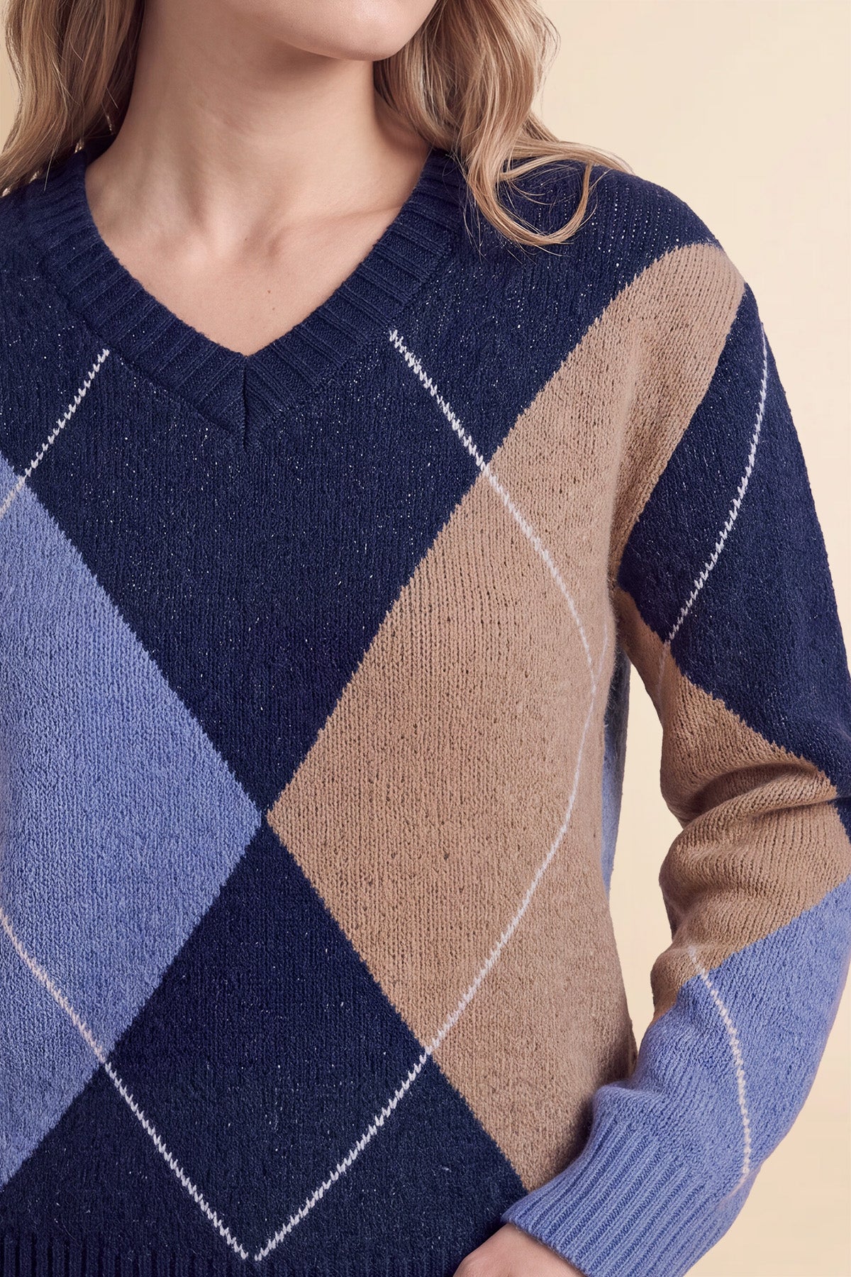 Womens Navy V Neck Argyle Sweaters | CicyBell