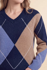Womens Navy V Neck Argyle Sweaters | CicyBell