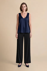 Womens Navy V Neck Satin Tank Tops  | CicyBell
